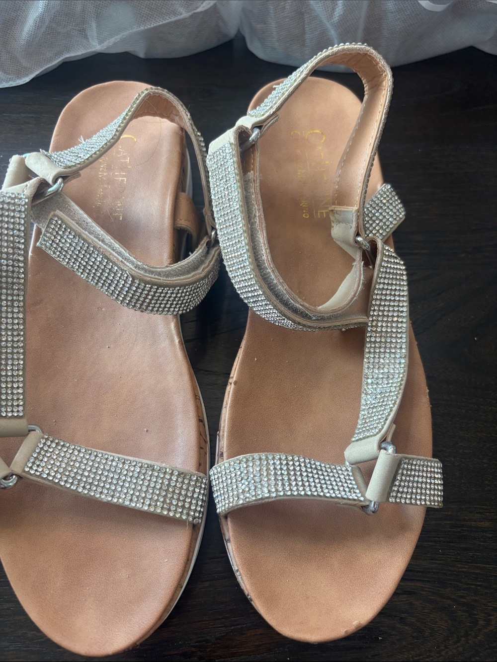 Catherine Malandrino Taupe Rhinestone T-Strap Sandals